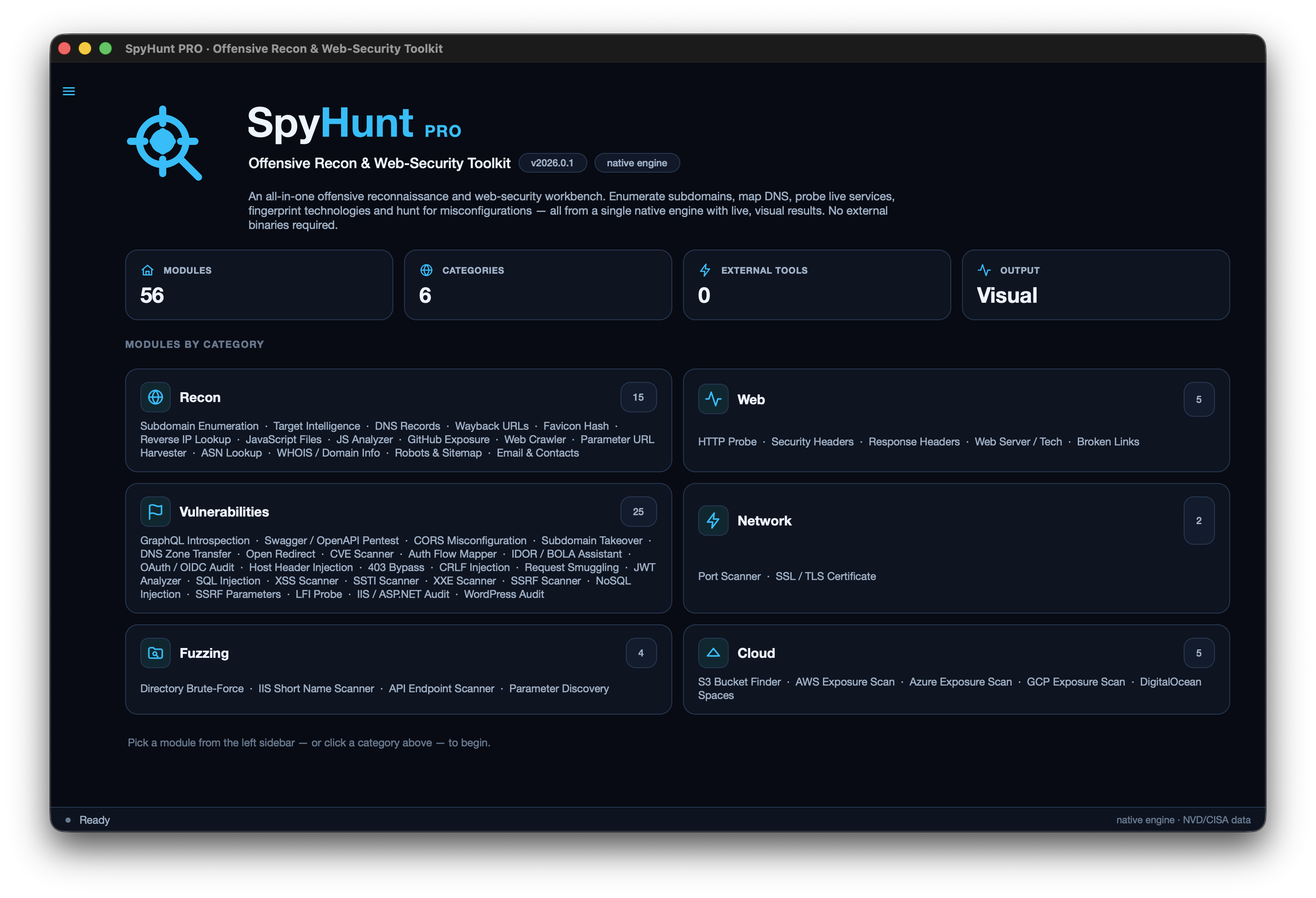 SpyHunt Pro overview showing 56 security modules across six categories