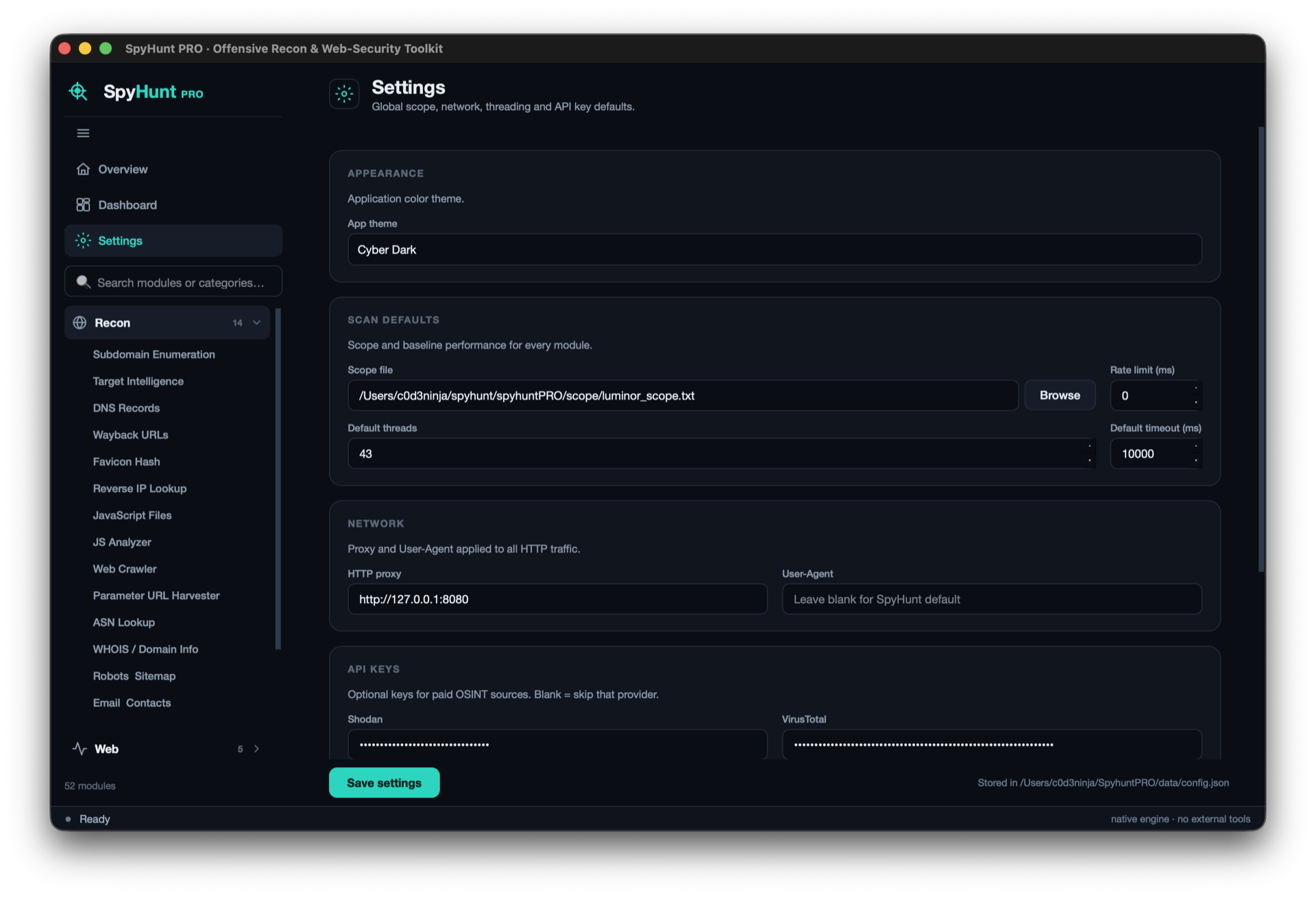 SpyHunt Pro settings for scan defaults, network options, and API keys